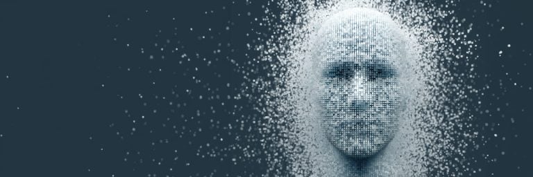 A futuristic-looking 3D image of a human head made with cube-shaped particles