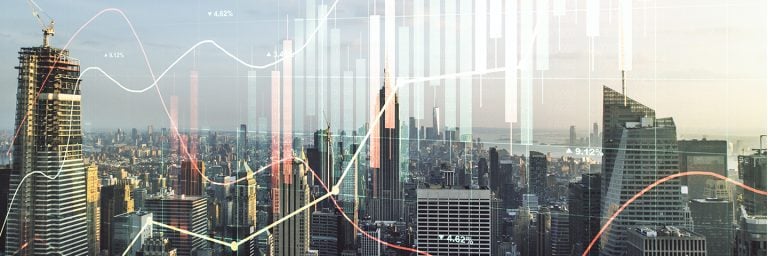 Multi exposure of virtual abstract financial graph interface on Manhattan cityscape background, financial and trading concept