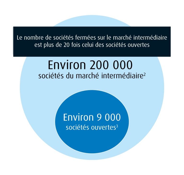 Diagramme montrant qu’il existe environ 200 000 sociétés fermées sur le marché intermédiaire aux États-Unis et au Canada, comparativement à environ 9 000 sociétés ouvertes.